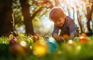 ai gegenereerd een kind is spelen Aan de gras met Pasen eieren foto