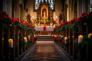 ai gegenereerd een kerk gevulde met Kerstmis decoraties en kaarsen foto