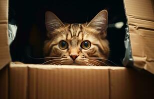 ai gegenereerd een kat zittend in een karton doos op zoek uit van het foto