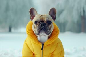 ai gegenereerd een Frans bulldog vervelend geel trui Aan besneeuwd weg foto