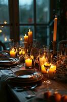 ai gegenereerd een dining tafel reeks met wijn bril en kaarsen foto