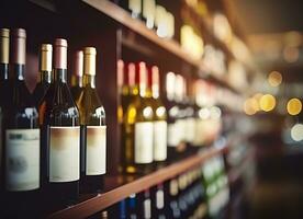 ai gegenereerd abstract vervagen wijn flessen Aan likeur alcohol schappen in supermarkt op te slaan achtergrond. generatief ai foto