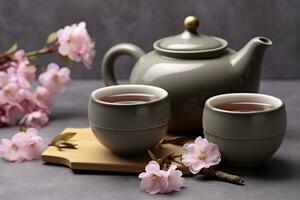 ai gegenereerd traditioneel ceremonie. cups van gebrouwen thee, theepot en sakura bloemen Aan grijs tafel. generatief ai foto