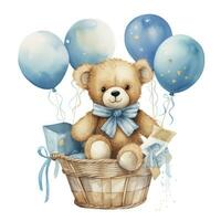 ai gegenereerd een waterverf baby teddy beer is zittend in de mand met blauw en goud ballonnen. ai gegenereerd foto