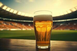 ai gegenereerd een leeg bier glas zittend Aan een voetbal veld- foto