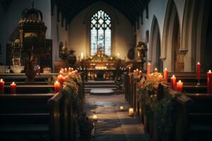 ai gegenereerd een kerk gevulde met Kerstmis decoraties en kaarsen foto