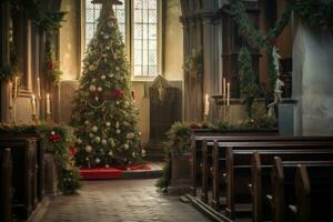 ai gegenereerd een leeg kerk versierd voor Kerstmis met Kerstmis bomen foto