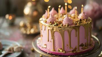 ai gegenereerd een roze verjaardag taart versierd met goud druppelen suikerglazuur foto