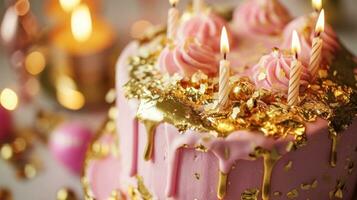 ai gegenereerd een roze verjaardag taart versierd met goud druppelen suikerglazuur foto