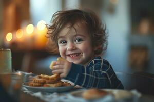 ai gegenereerd een jong kind glimlachen terwijl aan het eten een geroosterd brood foto