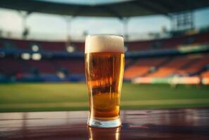 ai gegenereerd een leeg bier glas zittend Aan een voetbal veld- foto