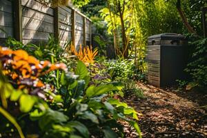 ai gegenereerd compost bak De volgende naar sommige planten in de tuin foto