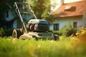 ai gegenereerd gazon maaier Aan een groen gazon met zonlicht in de achtergrond foto