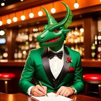 ai gegenereerd groen draak gekleed in een feestelijk vakantie pak zittend Bij een tafel in een bar. antropomorf dieren. generatief ai. foto