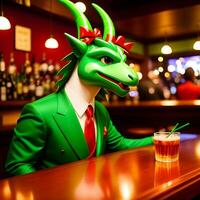ai gegenereerd groen draak gekleed in een feestelijk vakantie pak zittend Bij een tafel in een bar. antropomorf dieren. generatief ai. foto