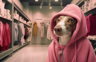 ai gegenereerd hond met een roze met een kap jumper in een winkel foto