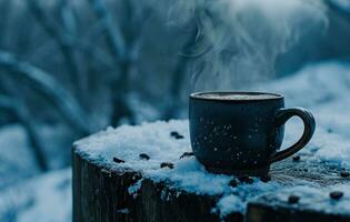 ai gegenereerd verkoudheid winter landschap met stomen heet kop van koffie foto