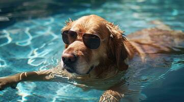 ai gegenereerd koel hond in zwembad met zonnebril foto