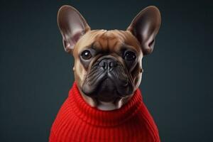 ai gegenereerd Frans bulldog in rood trui, foto