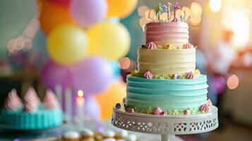 ai gegenereerd moe verjaardag taart met feestelijk ballon decoraties foto