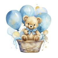 ai gegenereerd een waterverf baby teddy beer is zittend in de mand met blauw en goud ballonnen. ai gegenereerd foto