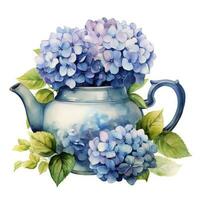 ai gegenereerd waterverf hortensia's in theepot geïsoleerd Aan wit achtergrond. ai gegenereerd foto