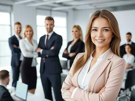 ai gegenereerd mooi bedrijf vrouw poseren Bij haar werk plaats met collega's in de achtergrond foto