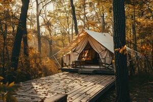 ai gegenereerd de tent zit Aan de houten dek in de bossen foto