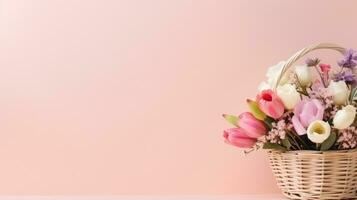 ai gegenereerd een prachtig geregeld boeket van voorjaar bloemen in een mand Aan een pastel roze foto