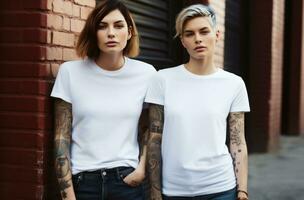 ai gegenereerd twee wit Dames in jeans en t-shirts wit vrouw foto