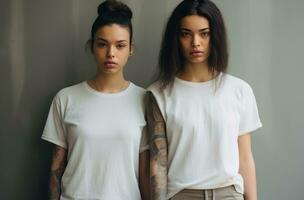 ai gegenereerd twee meisjes tonen hun t-shirts tegen een grijs muur foto