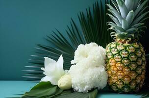 ai gegenereerd ananas, mango, kokosnoot bladeren en bloemen foto