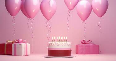 ai gegenereerd roze verjaardag taart Aan de roze achtergrond, foto