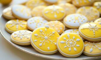 ai gegenereerd suiker, koekje decoraties met klein geel decoraties foto
