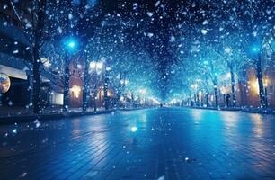 ai gegenereerd Daar is een nacht straat met honderden van glimmend lichten foto