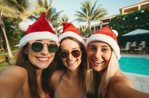 ai gegenereerd drie vrienden nemen selfies met de kerstman hoeden, foto