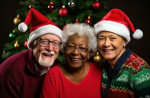 ai gegenereerd senioren tonen hun traditioneel vakantie juichen foto