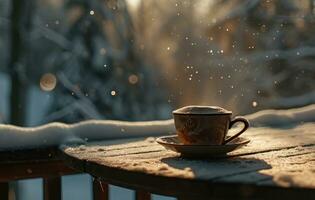 ai gegenereerd warm kop van koffie zittend Aan de buitenshuis tafel met sneeuw Aan top foto