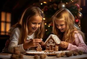 ai gegenereerd twee jong meisjes decoreren een peperkoek huis Bij de Kerstmis foto