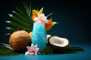 ai gegenereerd arrangement van kokosnoot, ananas, hibiscus, foto