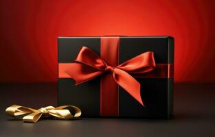 ai gegenereerd een zwart geschenk doos met een lint is houdende Aan een rood achtergrond foto