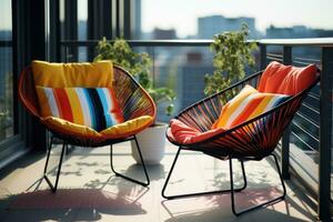 ai gegenereerd twee kleurrijk stoelen Aan een balkon gedekt in kleurrijk kleding foto