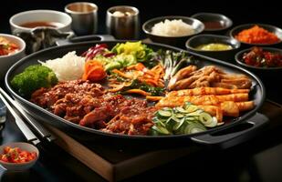 ai gegenereerd een verzameling van Koreaans gerechten Aan een dienblad foto