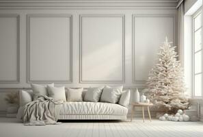 ai gegenereerd een Kerstmis kamer met wit meubilair en decoraties foto