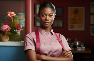 ai gegenereerd een portret van een Afro-Amerikaans chef met gekruiste armen binnen een restaurant foto