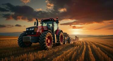 ai gegenereerd een trekker werken Aan een veld- Bij zonsondergang foto