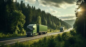 ai gegenereerd drie vrachtwagens Aan een snelweg, met bomen Aan of kant van de weg foto