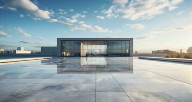 ai gegenereerd vlak beton gebouw met lucht en wolken en stad achtergrond foto