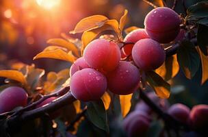 ai gegenereerd Pruim boom Bij zonsondergang met vol oranje fruit, foto