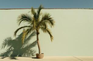 ai gegenereerd palm boom in schaduw over- een groen muur foto